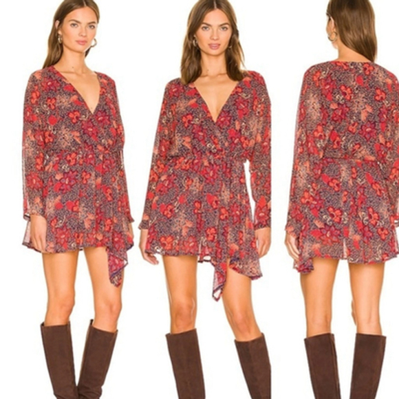 Free People Dress Womens Medium Teegan Mini Floral Chiffon Boho Faux Wrap - Picture 2 of 13